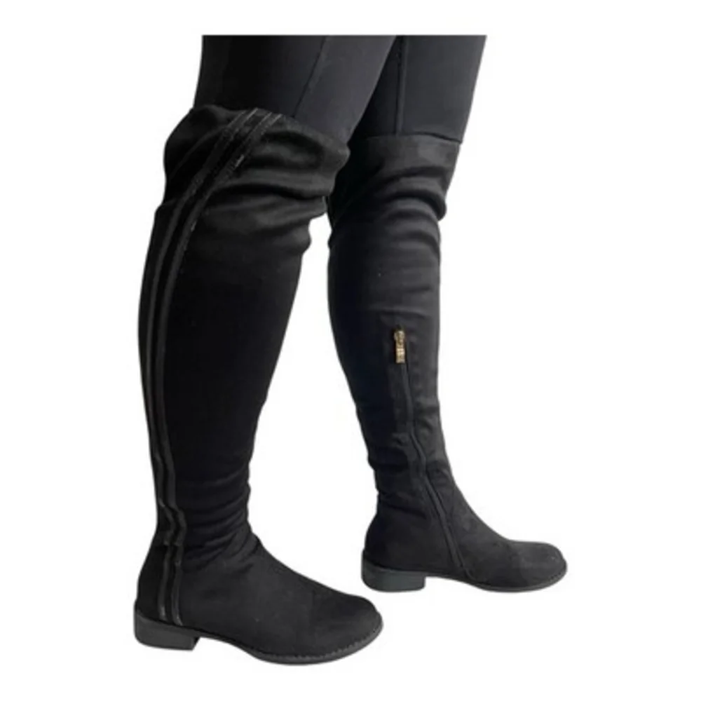 Women’s Black Over The Knee Boots Faux Suede Thigh High Low Heel Shoes Size 6